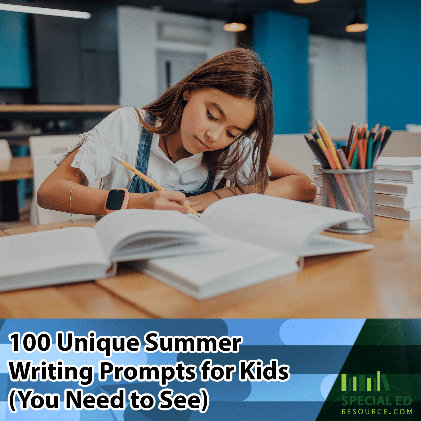 Young girl sitting at desk in her room at home doing one of these 100 Summer writing prompts for kids.