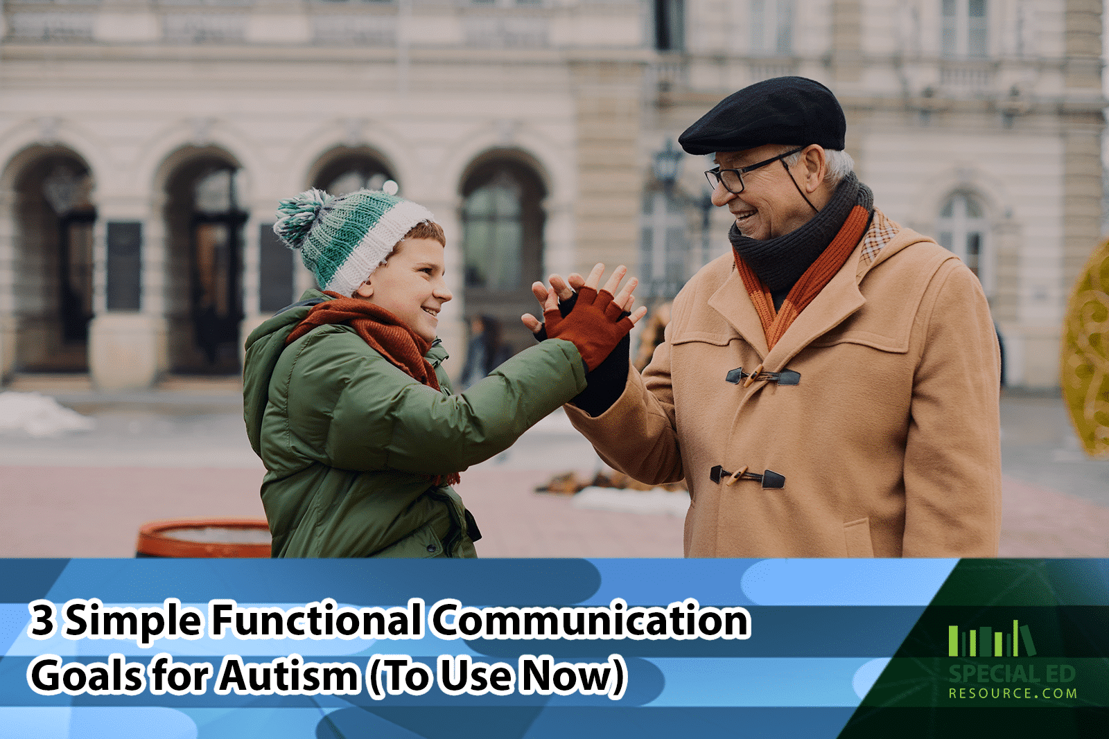 Young autistic boy practicing one of his functional communication goals by shaking his grandfather’s hand outside in the winter.