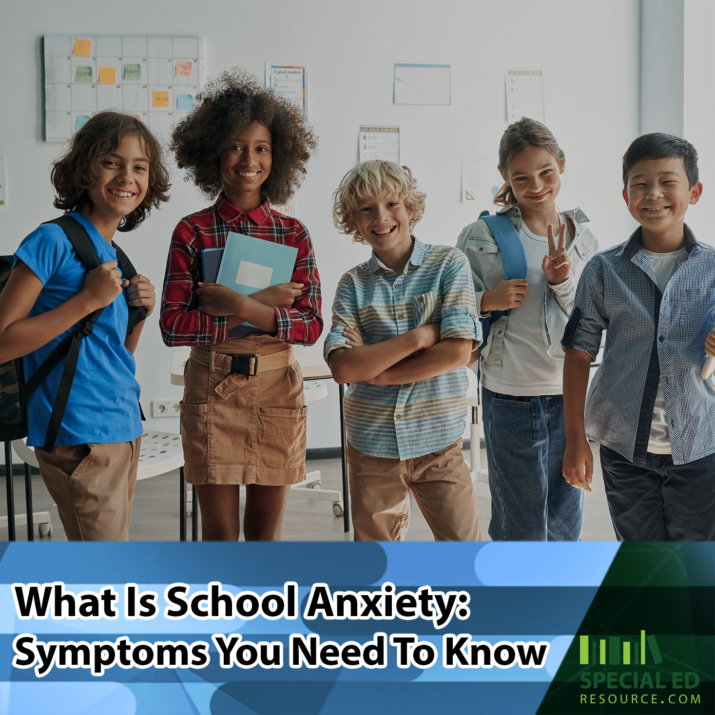 Group of children standing in a classroom not showing school anxiety symptoms.