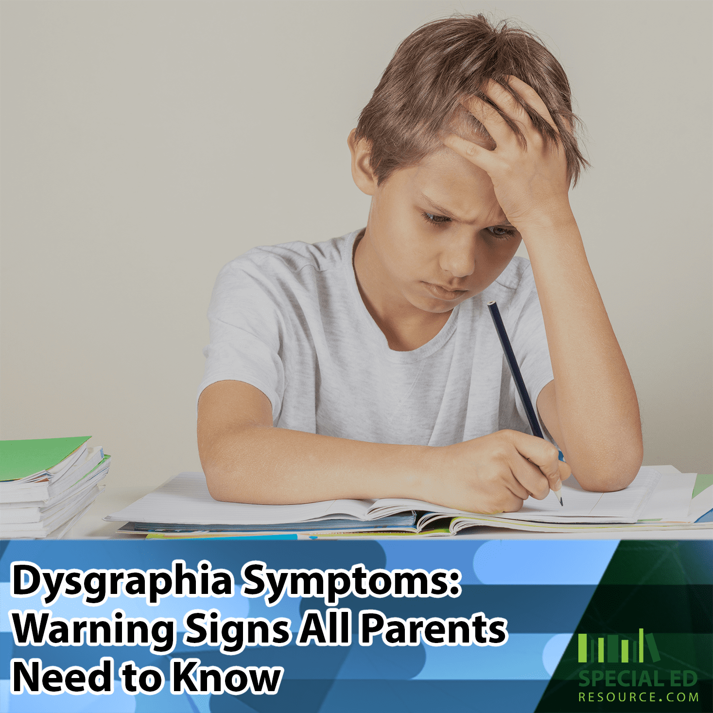 Young boy frustrated with his writing assignment at school which is one of many dysgraphia symptoms to look for in your chid.