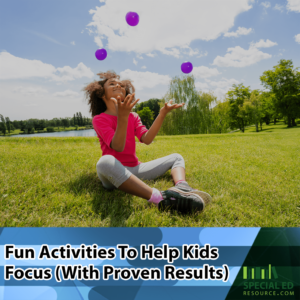 Girl sitting outside in the grass juggling which is one of the 29 simple activities to help kids focus.