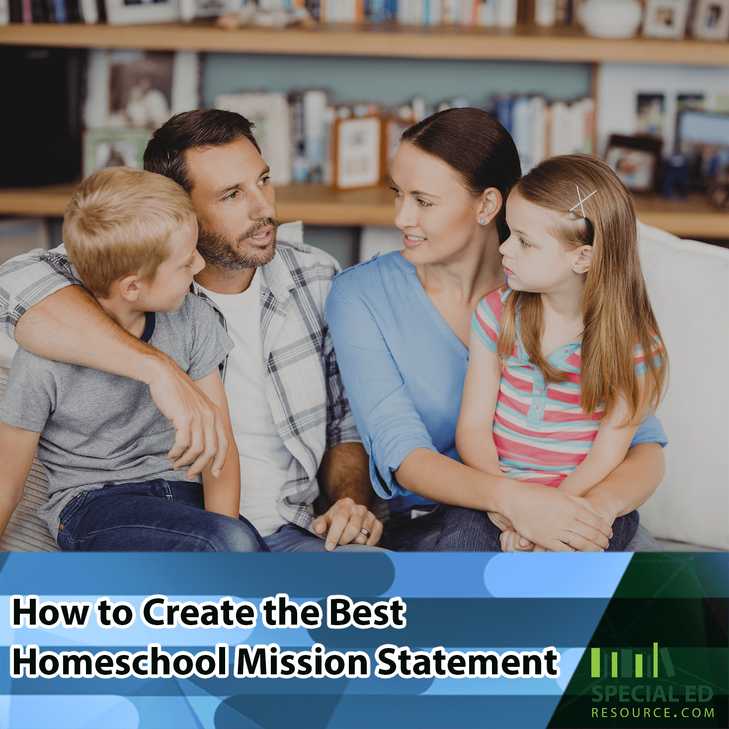 Family sitting on the couch together discussing their homeschool mission statement.