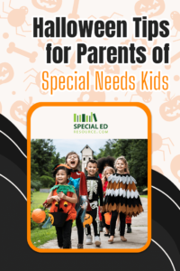 Group of children dressed in costumes on their way to a house to trick or treat after their parents incorporated these Halloween Tips for Parents of Special Needs Kids.
