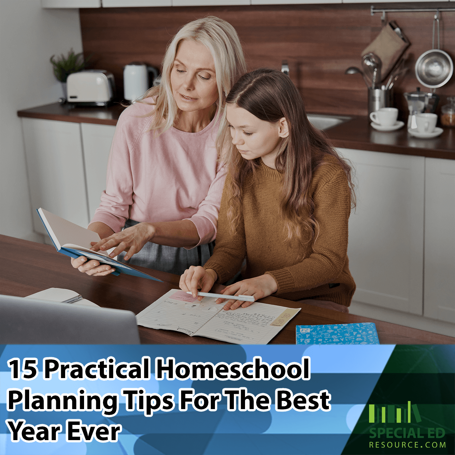 Mom and daughter homeschooling in the kitchen after reading these 15 practical homeschooling planning tips.