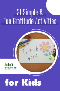 A handmade card with the words thank you written on it sitting on a child’s desk with colored pencils. It is one of the 21 gratitude activities for kids.