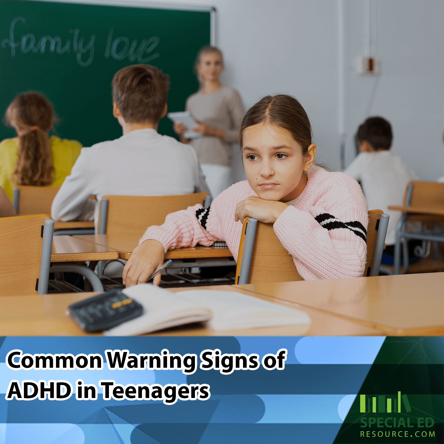 Teenage girl in a classroom looking distracted, symbolizing the signs of ADHD in teenagers, highlighting the challenges faced in academic settings.
