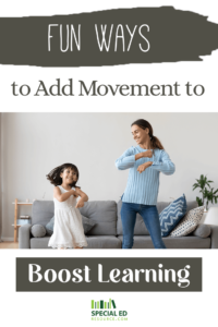 Mom and daughter dancing in the livingroom one of the 34 fun ways to add movement to boost learning for kids with special needs.