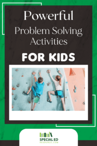 Two kids, a boy and a girl, engaging in problem solving activities for kids, as they climb an indoor rock climbing wall, demonstrating teamwork, problem-solving, and strategic thinking.