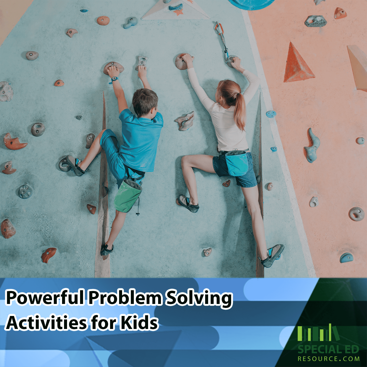 Two kids, a boy and a girl, engaging in problem solving activities for kids, as they climb an indoor rock climbing wall, demonstrating teamwork, problem-solving, and strategic thinking.
