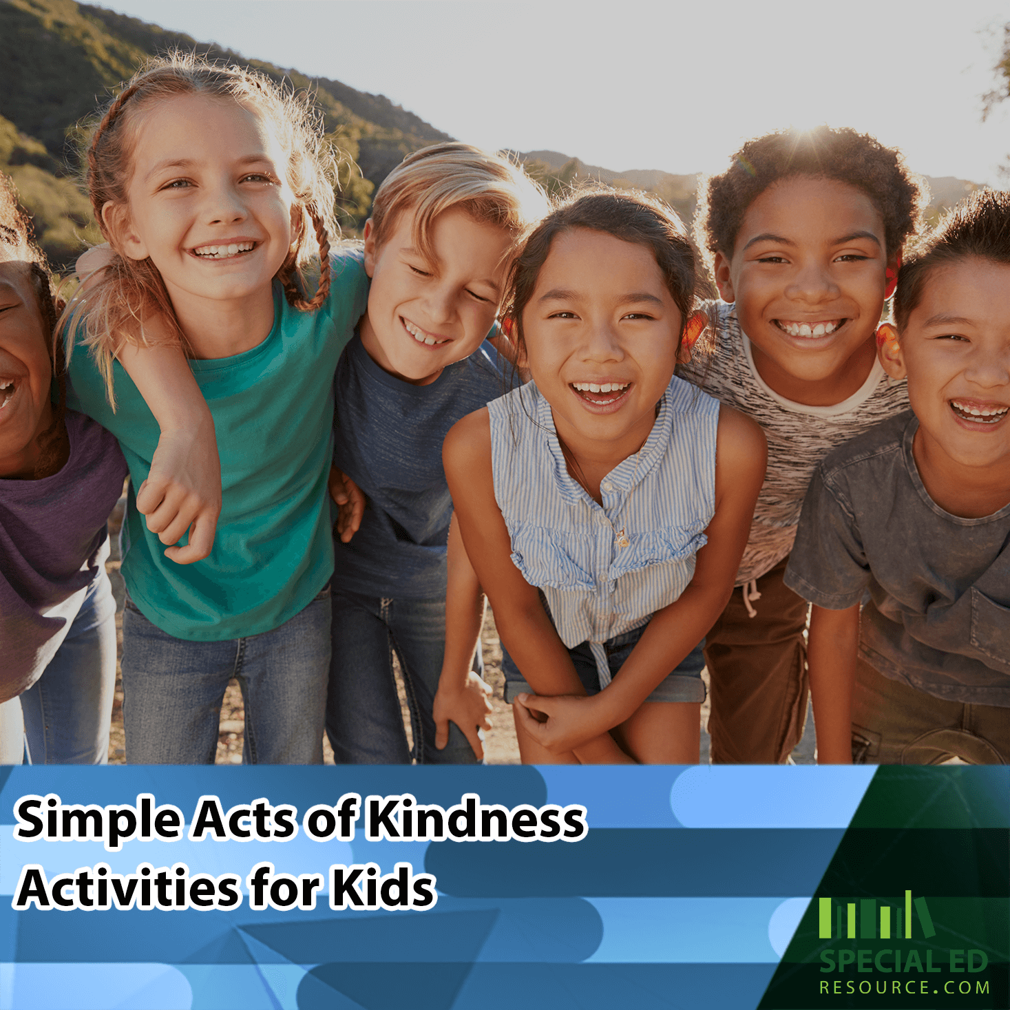 Group of diverse kids smiling together after they engaged in kindness activities for kids.