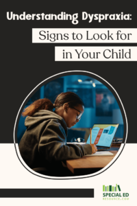 Girl with dyspraxia signs trying to concentrate on schoolwork at her desk using a laptop at home.