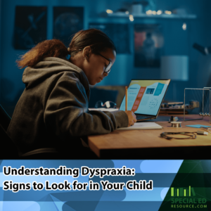 Girl with dyspraxia signs trying to concentrate on schoolwork at her desk using a laptop at home.