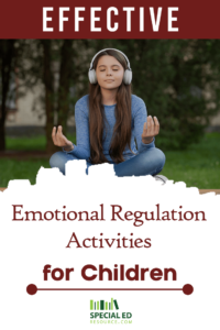A young girl sitting outside on the ground, meditating with headphones on and eyes closed, practicing emotional regulation activities for children.