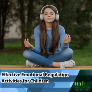 A young girl sitting outside on the ground, meditating with headphones on and eyes closed, practicing emotional regulation activities for children.
