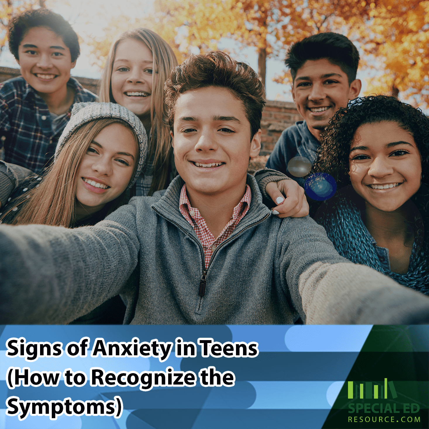 Smiling teenagers standing together appearing happy but is typical of hiding signs of anxiety in teens.