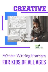 Inspired by these winter writing prompts for kids, a young girl writes near her window, overlooking snow-laden tree branches.