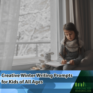 Inspired by these winter writing prompts for kids, a young girl writes near her window, overlooking snow-laden tree branches.