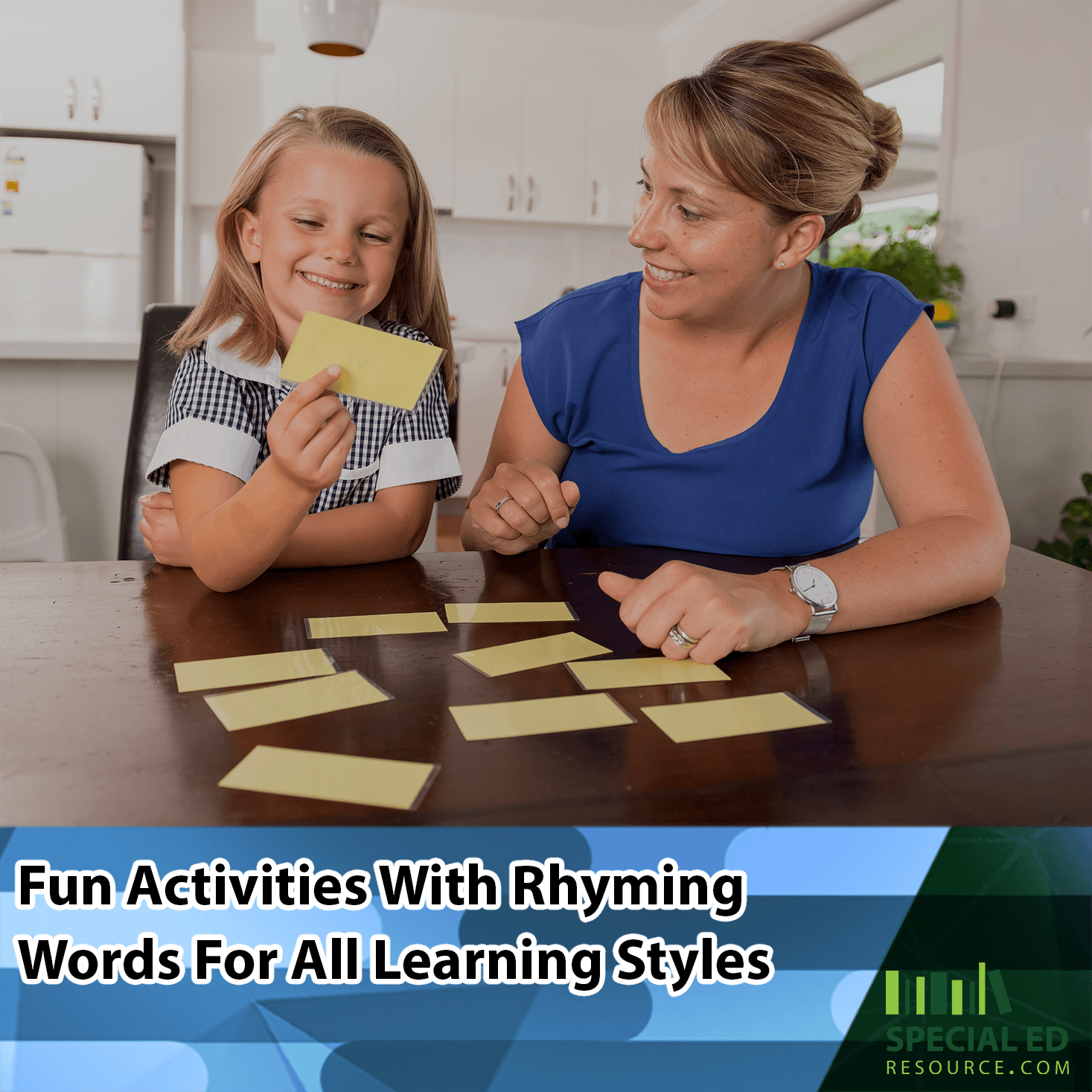 Mother and daughter smiling and playing with rhyming word cards on a kitchen table, illustrating one of the fun activities with rhyming words for all learning styles.