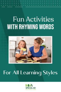 Mother and daughter smiling and playing with rhyming word cards on a kitchen table, illustrating one of the fun activities with rhyming words for all learning styles.