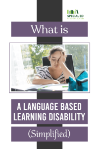 A student with a concerned expression sitting at a desk with her head resting on her hand, textbooks and a pencil on the desk, and a school bag nearby, illustrating the struggles faced by individuals with language-based learning disabilities. Text overlay reads 'What is a Language Based Learning Disability (Simplified)' with the logo of SpecialEdResource.com ."