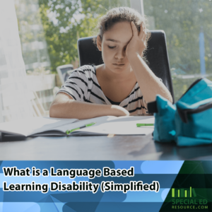 A student with a concerned expression sitting at a desk with her head resting on her hand, textbooks and a pencil on the desk, and a school bag nearby, illustrating the struggles faced by individuals with language-based learning disabilities. Text overlay reads 'What is a Language Based Learning Disability (Simplified)' with the logo of SpecialEdResource.com."