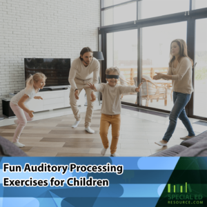 A family with two adults and two children in a bright, modern living room, happily playing one of the fun auditory processing exercises for children from SpecialEdResource.com