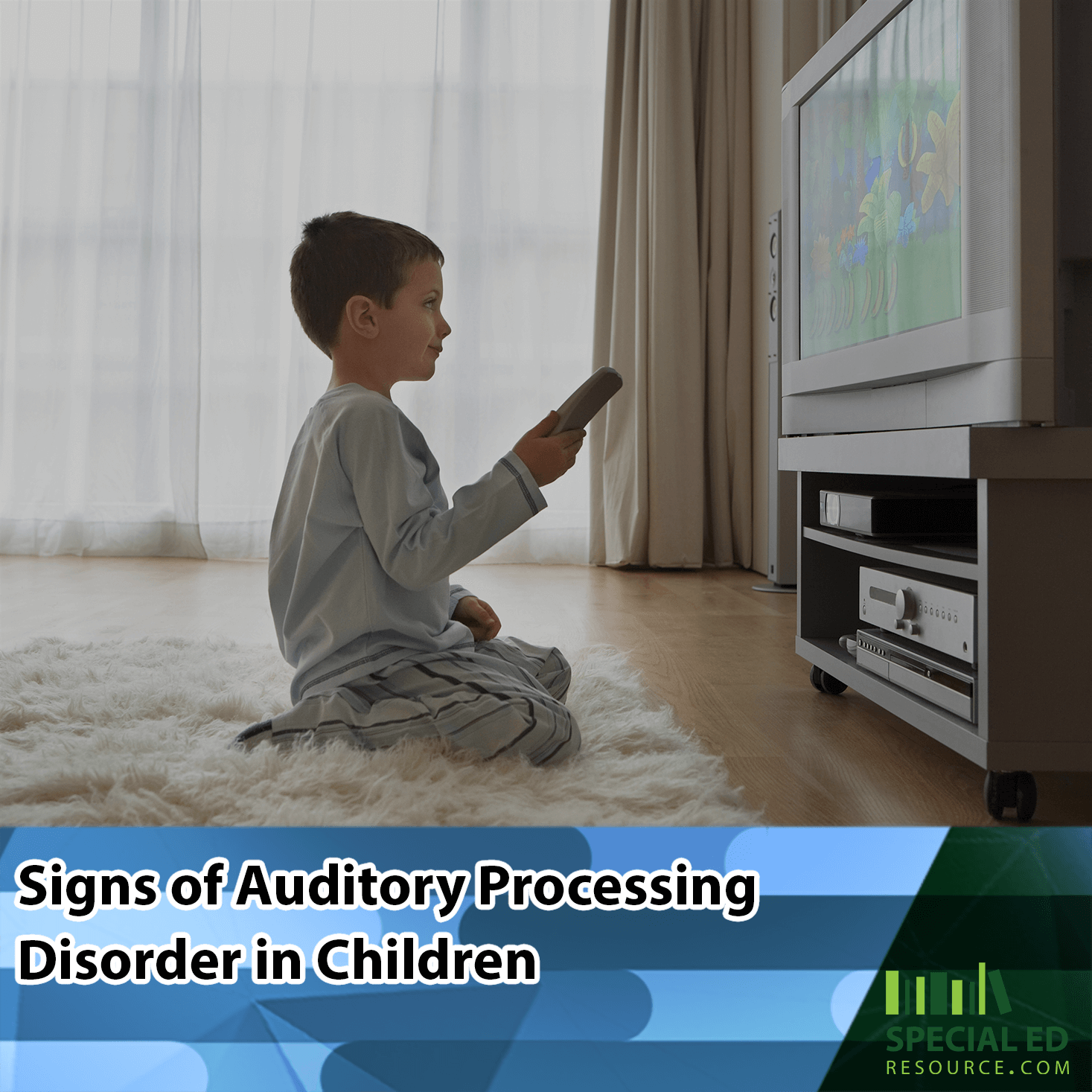 A young boy sits cross-legged on a fluffy rug, holding a remote and watching television, with a look of concentration. Text overlay reads 'Signs of Auditory Processing Disorder in Children' with the logo for SpecialEdResource.com at the bottom.