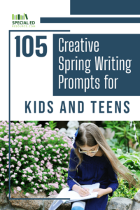 A young girl in a blue dress and glasses, intently writing one of these spring writing prompts for kids in a journal while sitting in a garden blooming with pink flowers.