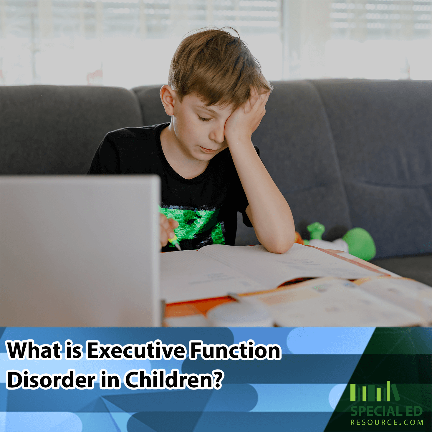 A frustrated young boy sits on a couch at home in front of a laptop, hand on forehead, with papers and a book spread out on a desk. Above him is the question 'What is Executive Function Disorder in Children?' on a blue overlay, with the logo for SpecialEdResource.com at the bottom right.