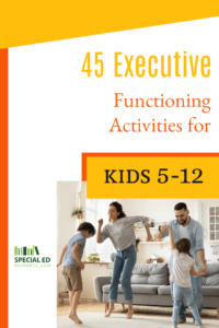 A happy family dancing in a living room, featuring a mother, father, and two children, one boy and one girl, all engaged in playful movement. The room has a cozy, modern decor with a large couch, white brick walls, and house plants. Overlay text states '45 Executive Functioning Activities for Kids 5-12' with a logo for SpecialEdResource.com