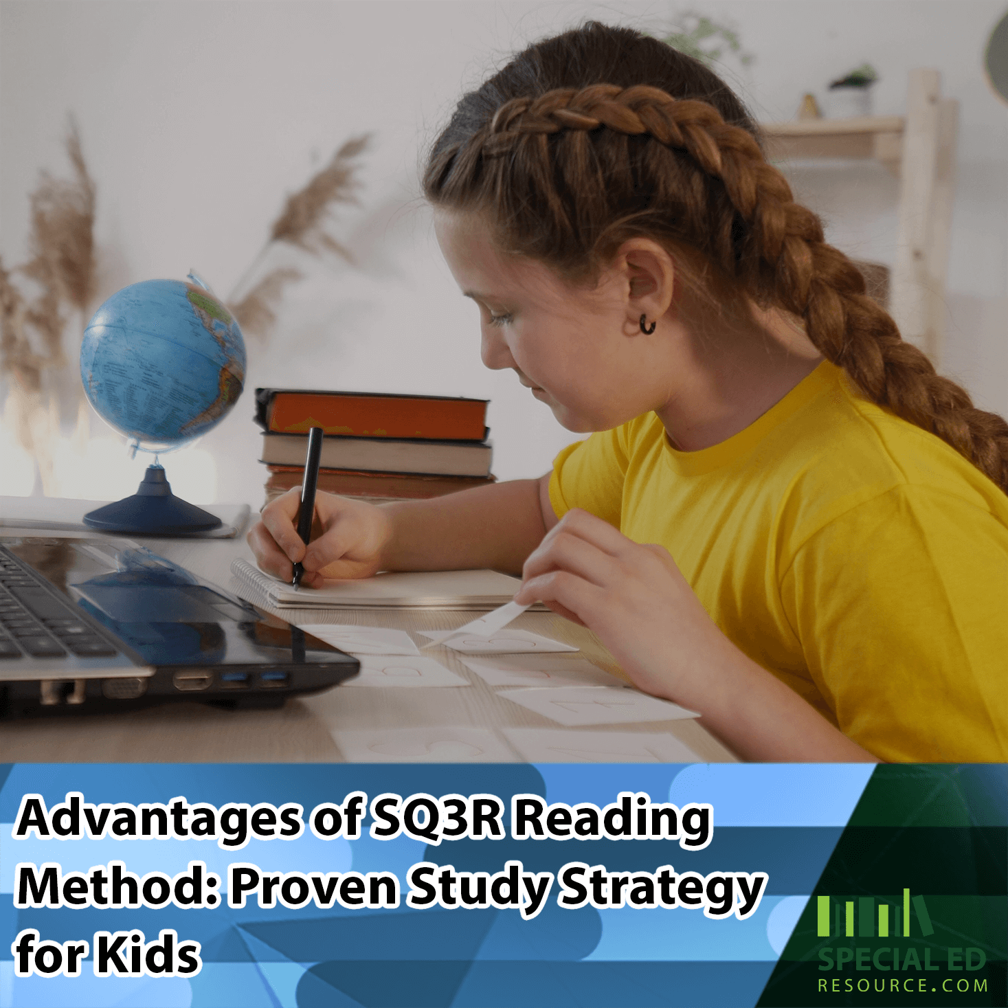 A young girl with a braided hairstyle is sitting at a desk, writing in a notebook. The desk has a globe, a laptop, and a stack of books. The text overlay reads, "Advantages of SQ3R Reading Method: Proven Study Strategy for Kids" with a logo for Special Ed Resource in the bottom right corner.