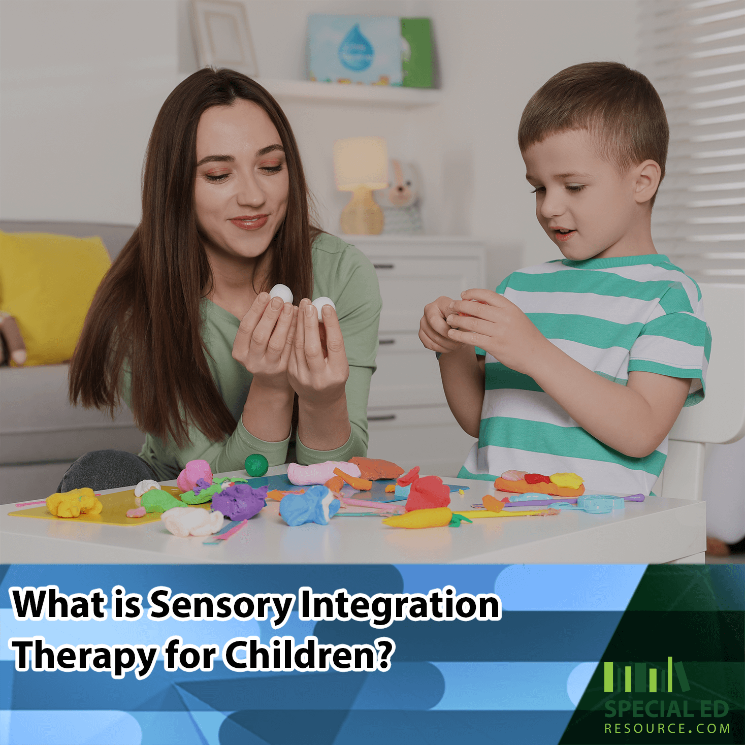 A woman and a young boy are sitting at a table covered with colorful modeling clay. The woman and boy are holding pieces of clay, engaging in a playful activity. The text on the image reads "What is Sensory Integration Therapy for Children?" with a logo for Special Ed Resource in the bottom right corner.