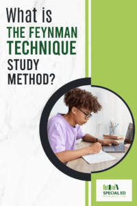 Pinterest graphic titled 'What is the Feynman Technique Study Method?' featuring a photo of a focused young person in a purple shirt, writing in a notebook and using a laptop. The bottom right corner displays the Special Ed Resource logo.