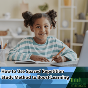 A young girl with two ponytails is smiling while holding a pencil, seated at a desk with an open notebook. Text overlay reads: "How to Use Spaced Repetition Study Method to Boost Learning." In the bottom right corner, the logo "Special Ed Resource" is displayed.