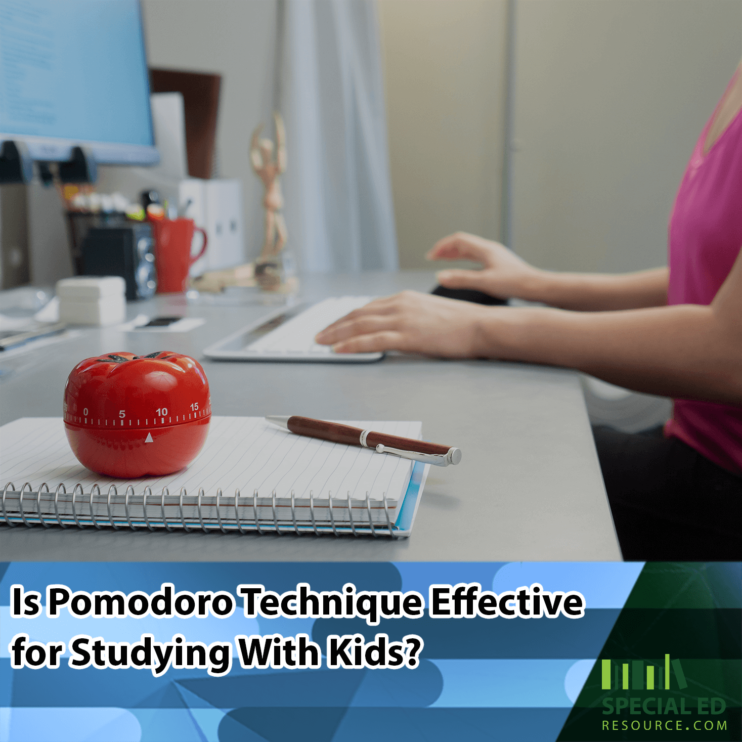 A girl working on a computer with a red tomato-shaped timer, a pen, and a notebook on the desk. The text on the image reads, "Is Pomodoro Technique Effective for Studying With Kids?" with the logo of Special Ed Resource in the bottom right corner.