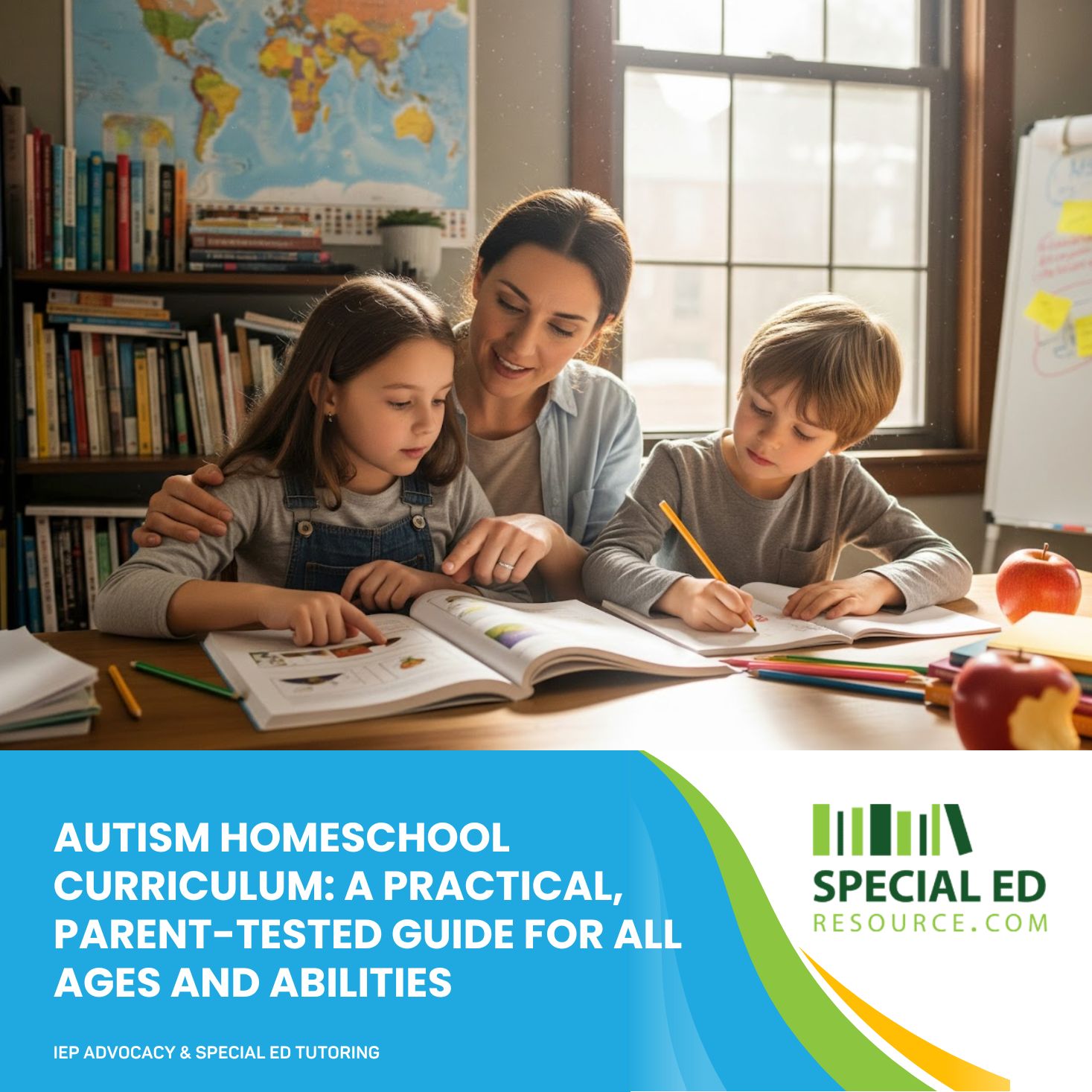 Parent teaching child with autism using homeschool curriculum materials