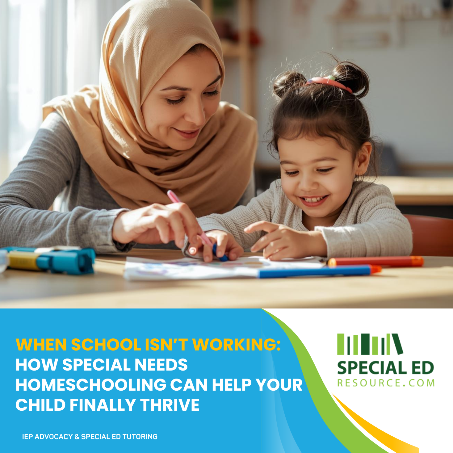 Parent supporting a child with special needs during homeschooling lessons